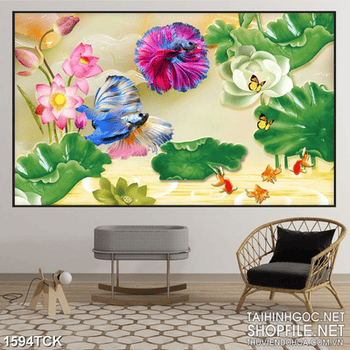 Tranh đôi cá cảnh trong hồ cá sim betta in uv treo tường