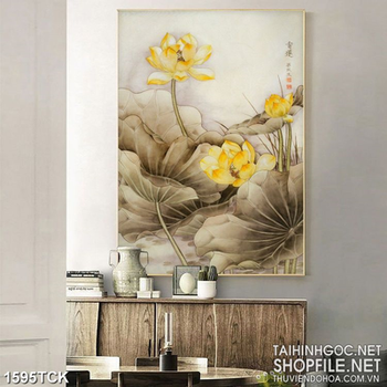 Tranh vẽ nghệ thuật in treo tường đầm sen vàng sơn dầu