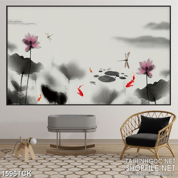 Tranh sơn dầu đầm sen bên đàn cá chép  in canvas