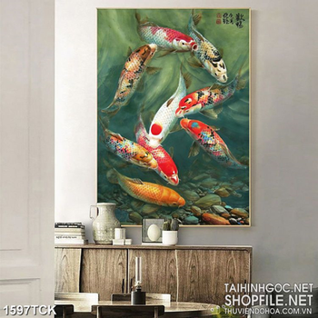 Tranh sơn dầu đàn cá chép trong hồ đá cuội in 3d