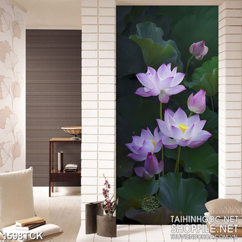 Tranh psd sơn dầu đầm hoa sen tím trong màn đêm tối