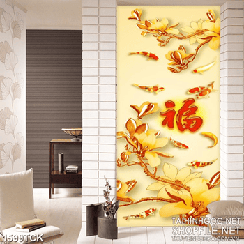 Tranh in treo tường đàn có koi bơi bên chữ phúc sơn dầu