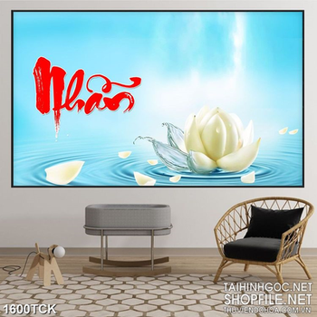 Tranh sơn dầu bông sen trắng bên chữ nhẫn in dán tường