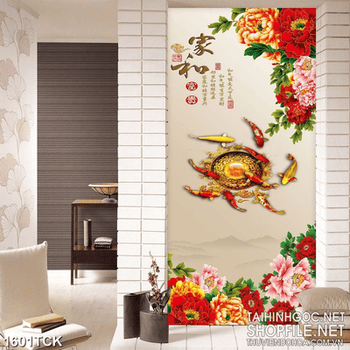 Tranh decor sơn dầu đàn cá koi bên vườn hoa mẫu đơn