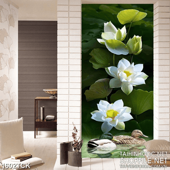 Tranh sơn dầu trang trí đôi vịt trời trong hồ sen trắng