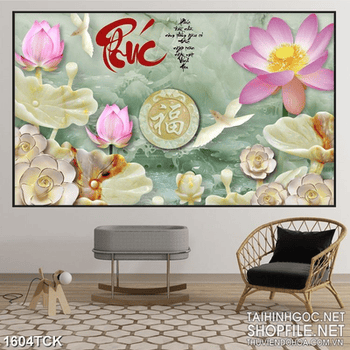 Tranh in canvas đầm sen giả ngọc bên chữ phúc sơn dầu