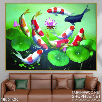 Tranh sơn dầu đàn cá koi bên bông sen hồng in 3d