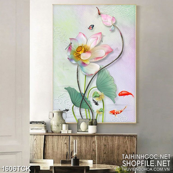 Tranh psd bông sen hồng nở rộ bên đàn cá chép sơn dầu