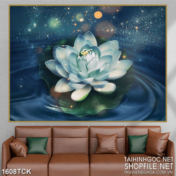 Tranh sơn dầu hoa sen cô đơn trong đêm trăng dán tường
