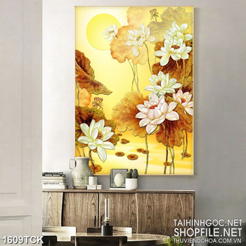 Tranh decor đầm hoa sen sơn dầu bên ánh trăng dáp vàng