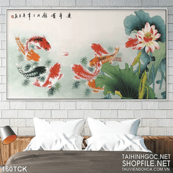 Tranh hoa sen, cá chép tthư pháp nghệ thuật