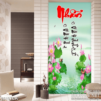 Tranhsơn dầu hoa sen và cá chép bên chữ nhẫn trang trí