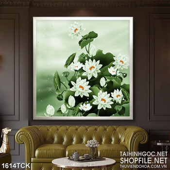 Tranh in canvas những bông sen trắng sơn dầu trên mặt hồ