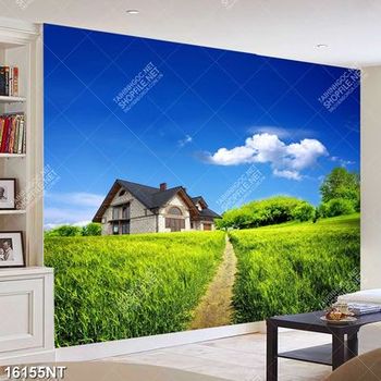 Tranh ngôi nhà trên đồi cỏ xanh