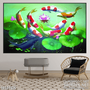 Tranh sơn dầu cá koi trong mặt hồ sen hồng in 3d
