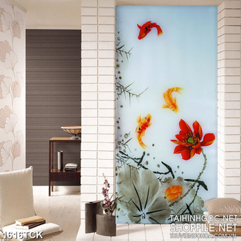 Tranh psd sơn dầu cá chép bên bông sen đỏ rực