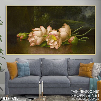 Tranh sơn dầu treo tường những bông sen nằm trong rừng