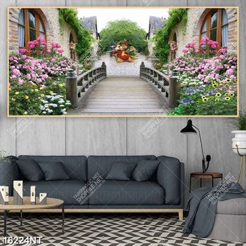 Tranh file gốc hoa nở bên cây cầu