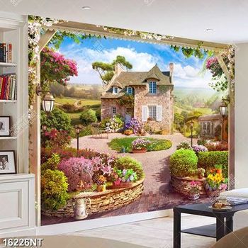 Tranh ngôi nhà có nhiều hoa nở