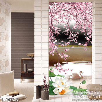 Tranh sơn dầu cá chép dưới gốc cây đào nở rộ  in 3d