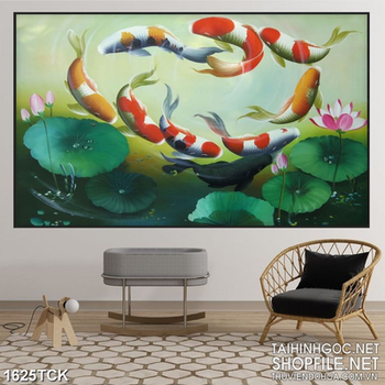 Tranh psd sơn dầu cá koi tung tăng trong hồ sen hồng