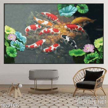 Tranh trang trí sơn dầu cá koi bơi trong đầm sen đầy lá