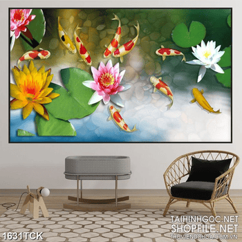 Tranh nghệ thuật sơn dầu cá koi bên hồ hoa súng nở rộ