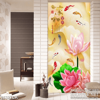 Tranh in canvas cá chép bên những bông sen giả ngọc