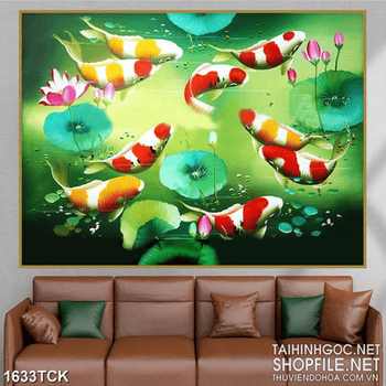 Tranh sơn dầu cá koi trong đầm sen xanh màu lá in 3d