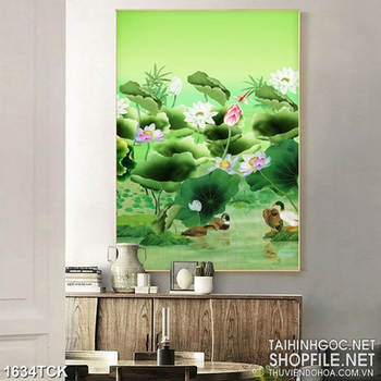 Tranh psd sơn dầu hoa sen phủ đầy màu xanh của lá