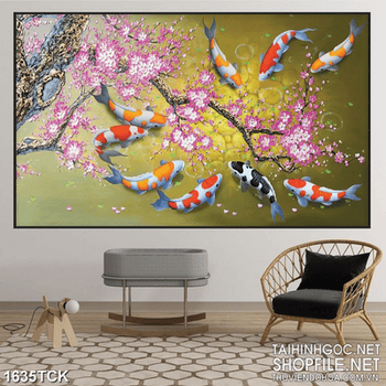 Tranh in treo tường cây đào trên mặt hồ cá koi sơn dầu