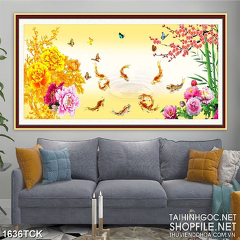 Tranh sơn dầu cá chép bên hoa mẫu đơn in dán tường