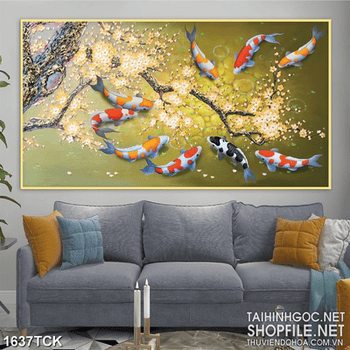 Tranh décor hoa mai nở rộ trên mặt hồ cá koi sơn dầu