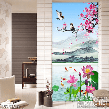 Tranh sơn dầu trang trí cành hoa đào trên mặt hồ cá chép