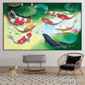 Tranh sơn dầu cá koi dưới những tán lá sen in canvas