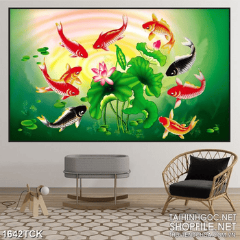 Tranh sơn dầu cá chép dưới những tán lá sen in 3d