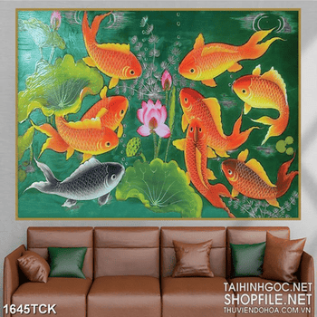 Tranh sơn dầu cá chép và bông sen trong hồ in dán tường