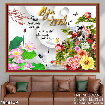 Tranh decor mẫu đơn bên hoa sen trong hồ giả ngọc