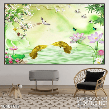 Tranh sơn dầu cá chép trong hồ sen giả ngọc nghệ thuật