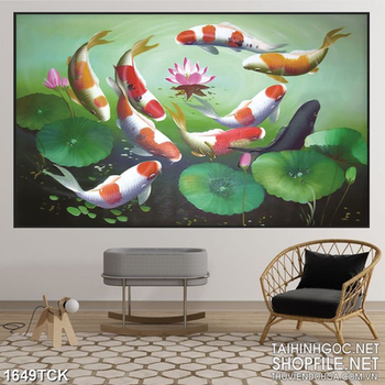 Tranh in canvas bông sen hồng nằm giữa đàn cá koi