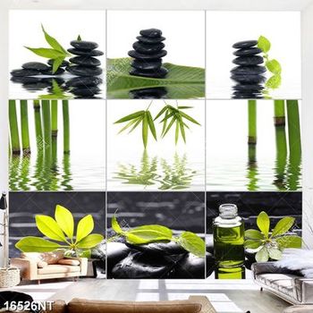 Tranh ghép đá đen và lá xanh