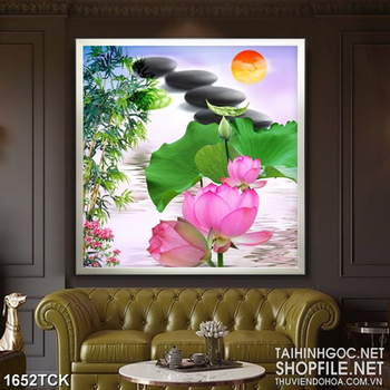 Tranh psd sơn dầu hoa sen hồng dưới ánh mặt trời
