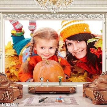 Tranh mẹ và bé bên lá vàng mùa thu