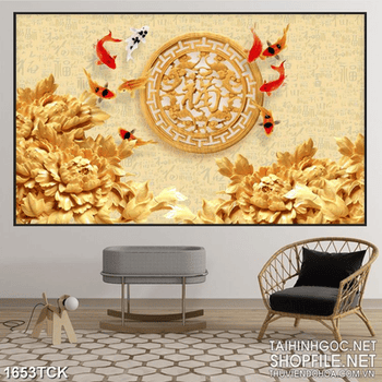 Tranh sơn dầu cá chép bên hoa mẫu đơn in treo tường