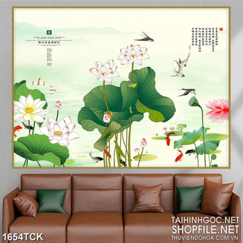 Tranh sơn dầu hoa sen bên đàn chim én in dán tường