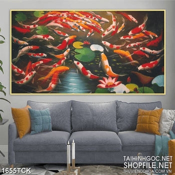 Tranh decor sơn dầu cá koi dày đặc trong hồ hoa sen