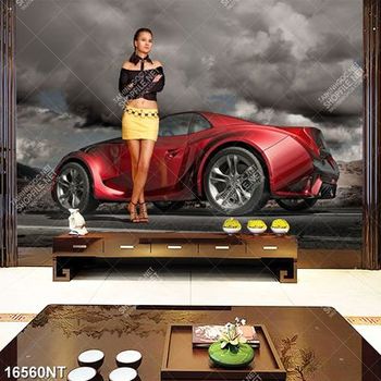 Tranh người đẹp đứng bên xe ô tô