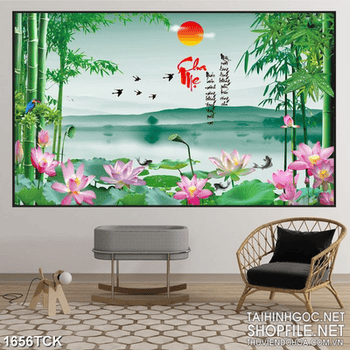 Tranh trang trí đàn chim én bay trên mặt hồ hoa sen