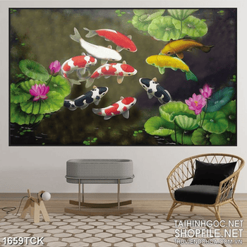 Tranh đàn cá koi tung tăng trong đầm sen in canvas