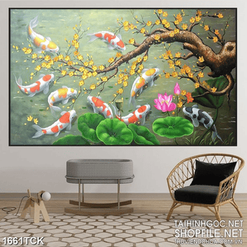 Tranh psd gốc mai vàng trên hồ sen và đàn cá koi sơn dầu